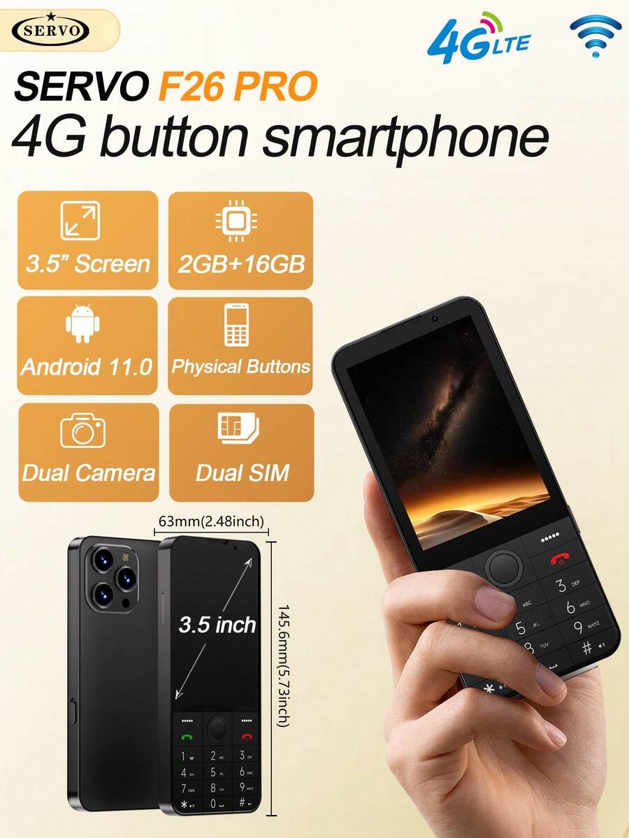 SERVO F26 PRO 键盘式 4G LTE 智能手机，2GB 运行内存 + 16GB 机身存储，支持 WiFi、GPS、双卡双待，3.45 英寸显示屏，Android 11.0 触控屏