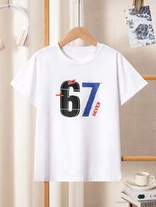 Tween Boys Casual Fashionable Creative Personalized Fresh High-End Numeric 67 Graphic Print Basic Short Sleeve T-Shirt, Suitable For Spring, Summer, Autumn Daily Street Style Wear For Boys - White - View 2