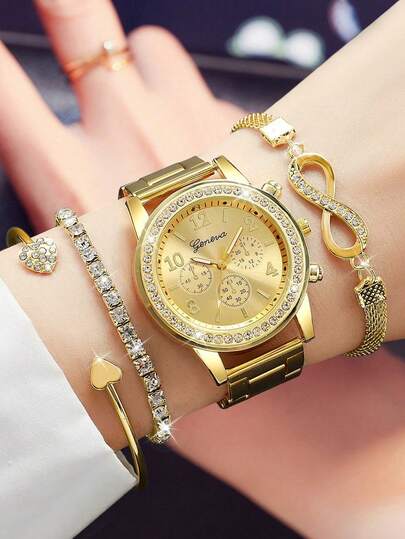 4pcs Women's Golden Stainless Steel Strap, Fashionable And Casual, Classic Arabic Numeral Dial, Women's Quartz Watch, Paired With Diamond Studded Heart Bracelet Jewelry Set, Suitable For Daily Wear, Decoration, Gifting To Friends Or Current Holiday Gifts