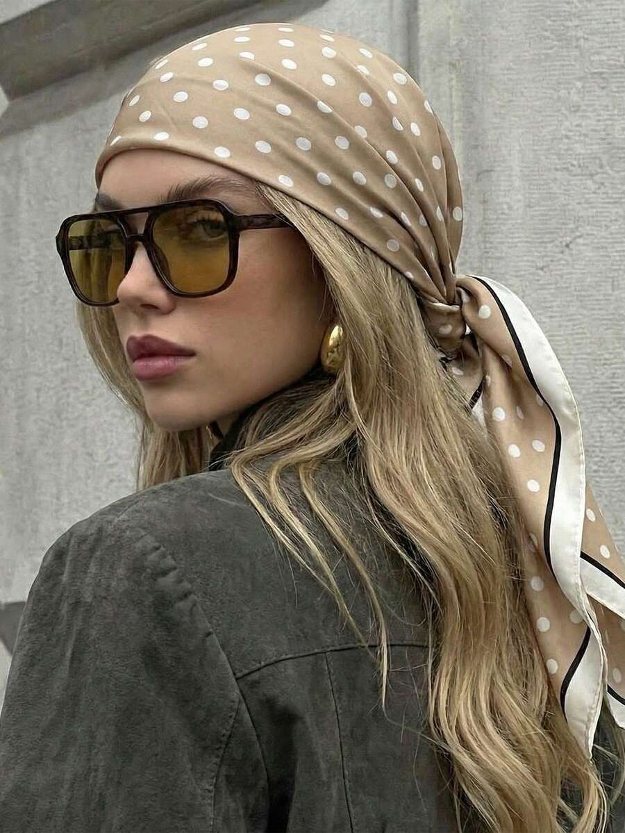 女士奢華優雅的波點印花春季絲質頭巾，70*70cm，適用於日常佩戴和送禮 - 杏色 - 查看 1