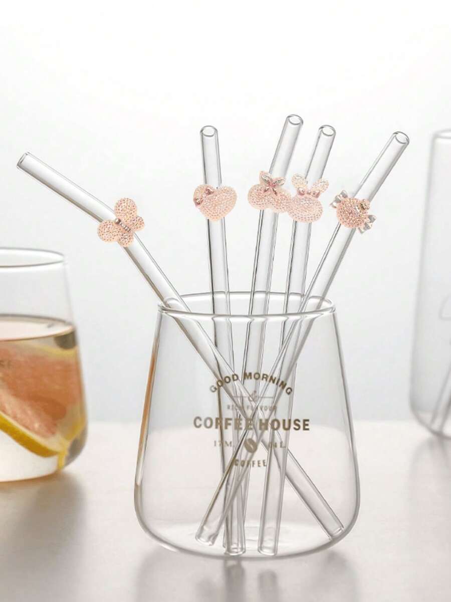 Reusable Glass Straws In Butterfly, Cherry, Heart, Rabbit, Candy Shapes For Smoothies, Milkshakes, Cocktails, Cold Drinks, Party - View 1