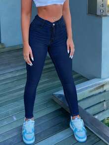 Women's Mid-Rise Medium Stretch Skinny Jeans, Elastic Fitted For Casual Daily Wear - Dark Wash - View 5