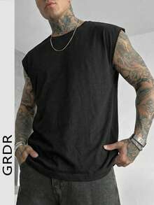 GRDR Camiseta de tirantes de corte holgado y cuello redondo para hombre, estilo callejero de moda para el verano - Negro - Ver 1