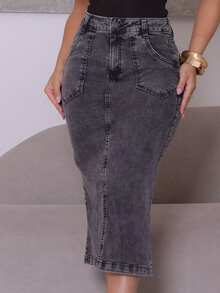 Midi Denim Skirt With Front Slit With Lycra Evangelical Fashion Modest Simple Casual Elegant Zipper Pocket Button Daily - 中等水洗藍 - 查看 3
