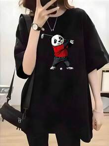 100％綿 ユニセックス パンダゴルフパンダ Tシャツ Tシャツ 夏用 カジュアル - ブラック - チェックする 1
