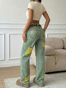 Women's Straight-Leg, Mid-Rise Jeans Without Elastane, With Rips For Urban Looks - Mustard Yellow - View 4