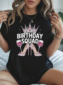 Women's Birthday Squad Birthday Outfit T-Shirt - Short Sleeve Crew Neck Top With Birthday & High Heel Graphics - Spring Summer Casual Blouse For Themed (Machine Washable) - 黑色 - 查看 6