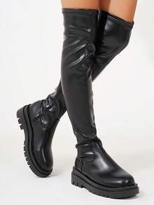 Riding Thigh High Shoes Over The Knee High Boots For Women Sexy Half Zipper Round Toe Low Chunky Heel Faux Leather Stretch Platform - 黑色 - 查看 6