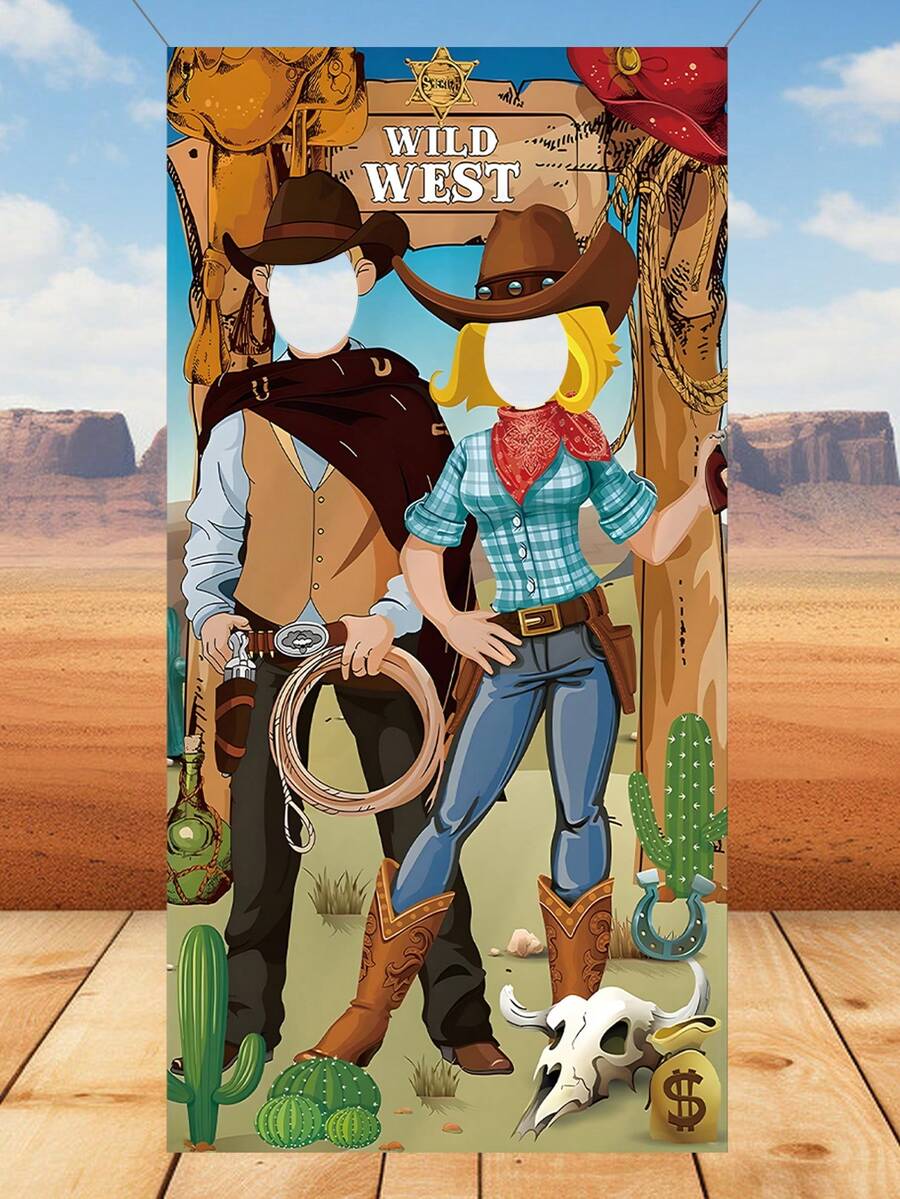 1pc Wild West Themed Door Curtain, Photo Backdrop, Fun Photo Frame Banner Photo Booth Prop Wild West Selfie, Welcome Porch Banner Wild West Cowboy Party Decoration, Cowboy Hat Pattern Vinyl Hanging Banner Suitable For Birthday, Wild West Cowboy Background Hanging Decor, Perfect For Wild West Birthday Game Party, Vintage Country Decor, Photo Booth Prop, Holiday Decoration, Outdoor Decoration, Hanging Decor, Party Favor