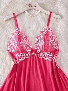 2pcs Contrast Floral Lace Sleepwear Set, V-Neck Semi-Sheer Bow Tie Nightgown And Panties, Elegant Women Pajamas - 玫紅色 - 查看 4