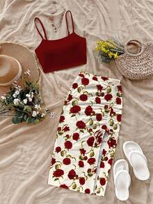 女士两件套，花卉印花，随机玫瑰花满版印花，波西米亚风优雅抽绳荷叶边下摆开衩，时尚休闲度假装 - 酒紅色 - 查看 2