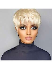 6-Inch 180% Density Layered Machine-Wefted Short Straight Pixie Wig With Bangs, Black Pixie Short Wig, 613 Red, #4 Color, Suitable For Daily Wear And Halloween Costume - Gold - View 7