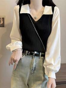 Blusa de dos piezas con cuello Polo para mujer, camisa casual estilo coreano, tops Y2K, ropa de calle suelta, suéteres femeninos elegantes, para primavera - Negro - Ver 4