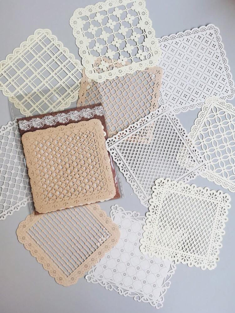 10 件/包复古方形镂空蕾丝材料纸，适用于 DIY 拼贴装饰、学校用品、返校 - 彩色 - 查看 7
