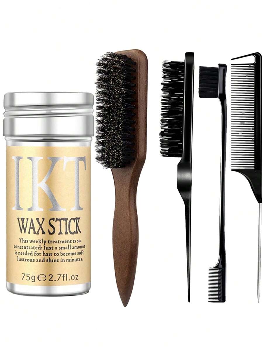 ikt 1支发蜡棒 + 3件套亮泽发型梳子套装，猪鬃毛梳 + 尖尾梳造型工具，适用于毛躁、凌乱发型、马尾辫和假发
