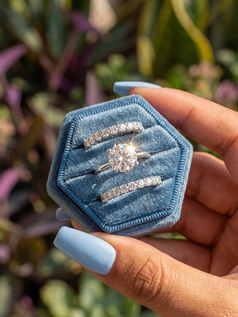 一套925纯银英国女王三件套戒指，镶嵌白色锆石，女士珠宝，适合作为女孩生日派对礼物 - 款式1 - 查看 1