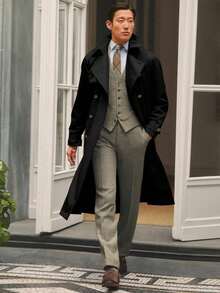 Runcati Men's Trench Coat Double Breasted Notched Lapel Casual Belted Windbreaker Fall Classic Long Jacket Overcoat - 黑色 - 查看 5