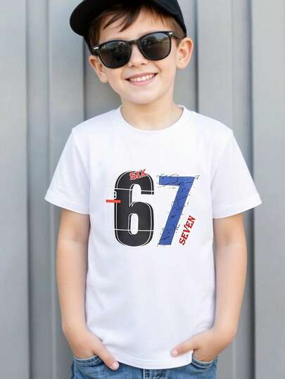 Camiseta básica de manga corta con estampado gráfico del número 67 de alta gama, de personalidad creativa y moda casual para niños, adecuada para el uso diario en primavera, verano y otoño