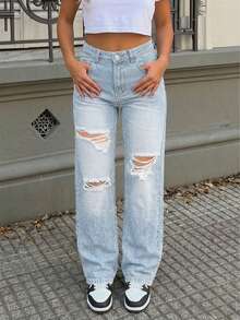 Women's Boyfriend Ripped Loose Straight Jeans - Light Wash - View 3