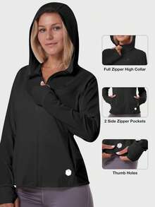 CAMEL CROWN Chaqueta deportiva para mujer con protección UPF 50+, camisa con capucha ligera para exteriores con mangas largas y bolsillos, cortavientos para senderismo - Negro - Ver 2