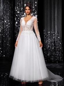 Vestido de novia de manga larga con cuello en V, parche de lentejuelas de unicolor y empalme de malla - Blanco - Ver 7