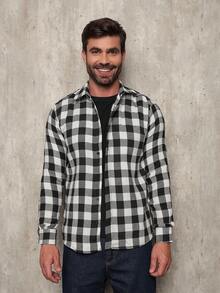 Men's Flannel Plaid Shirt, Long Sleeve Blouse - 黑色 - 查看 1