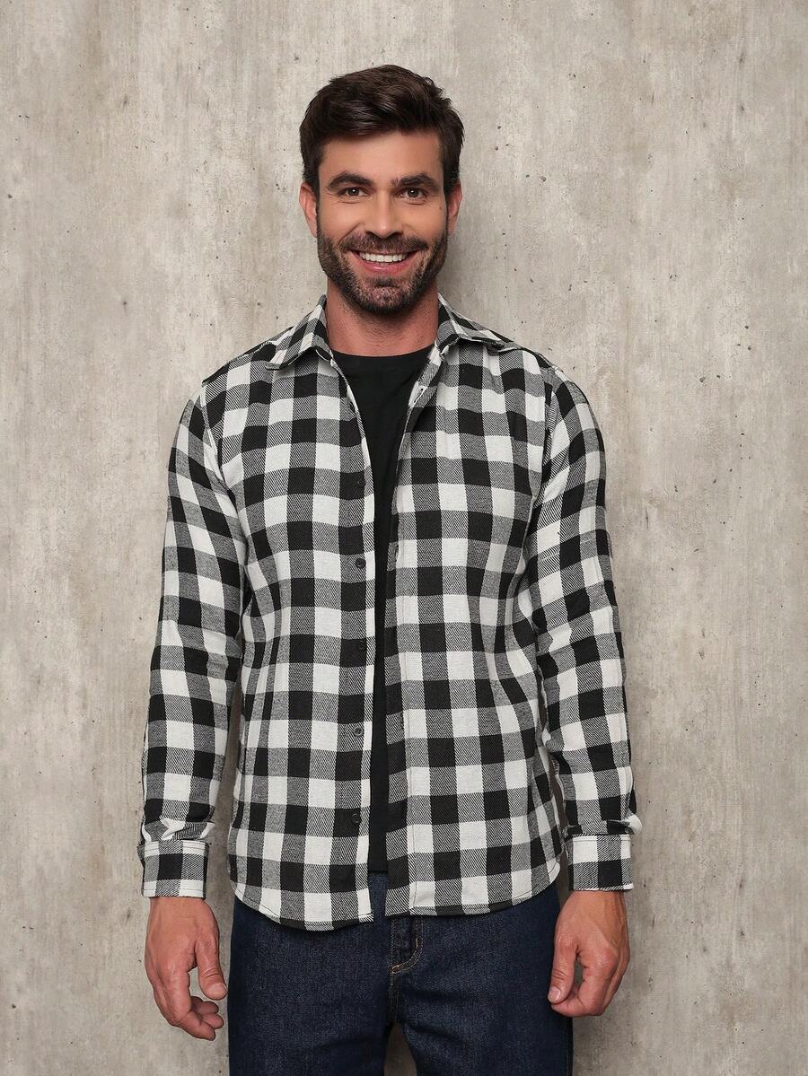 Men's Flannel Plaid Shirt, Long Sleeve Blouse - 黑色 - 查看 1