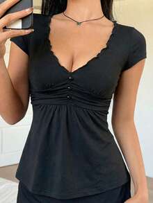 Áo thun nữ tay ngắn cổ chữ V bèo nhún phong cách Y2K Sunny Girly, kiểu dáng gợi cảm, phù hợp cho dạo phố, công sở, mặc thường ngày và ở nhà, màu đen, thích hợp cho mùa hè. - màu đen - Xem 8