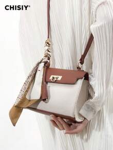 CHISIY 1pc Fashion Brown & White Patchwork Minimalist Handbag, Suitable For Business, Casual, Shopping, School, With Zipper, Shoulder Strap, Crossbody, Versatile Retro Charm, Elegant Personalized, Suitable For Any Occasion, Showcasing Unique Fashion Taste - Brown - View 4