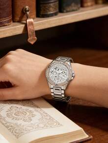 Guess Luxury Silver Rhinestone Quartz Ladies Watch, Fashionable Round Dial Stainless Steel Band Wristwatch, Sparkling Rhinestone Chronograph Appearance, Suitable For Daily Wear And Party Jewelry Gift - Silver - View 2