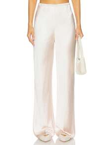 Women Satin Silk Wide Leg Pants Casual Elastic High Waist Solid Color Loose Fit Lounge Pants Office Ladies Work Trousers Daily Sleep Pants Y2K Streetwear - 杏色 - 查看 4