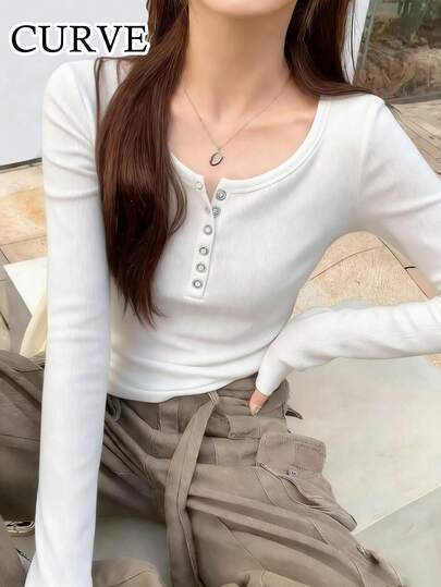 여성용 우아한 스퀘어 넥 긴팔 캐주얼 루즈 오버사이즈 티셔츠, 얇은 투명 원단, 세련된 밀키 화이트, 플러스 사이즈 봄