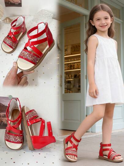 1 Pair Girls' Summer New Cross-Strap Decor Cute Open Toe Beach Sandals, Suitable For Beach, Travel, Photography, School, Indoor