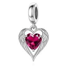1 pièce Pendentif en forme de cœur avec ailes d'ange en argent sterling 925 et pierre de zircone rose rouge. Bijou romantique unisexe, cadeau - Argent - Voir 2