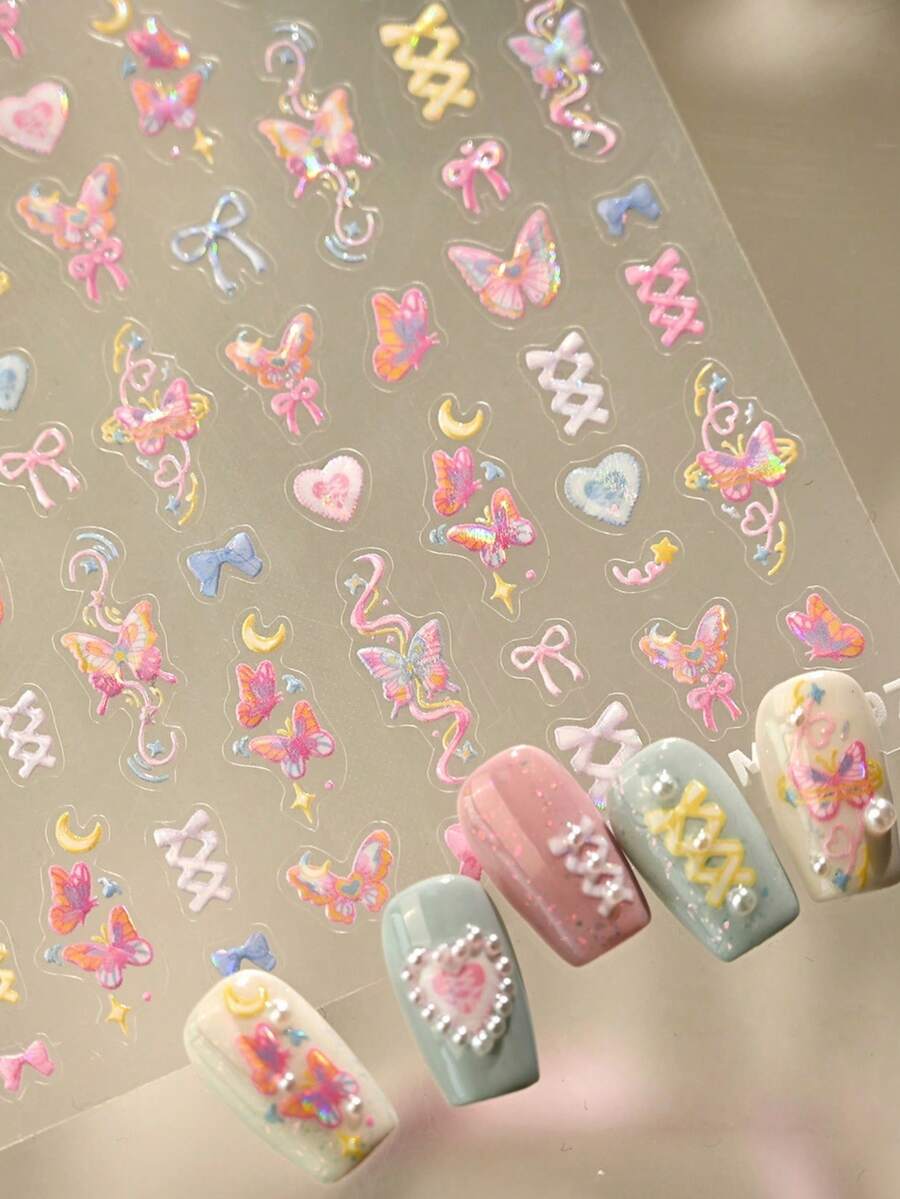 1pc French Sweet Butterfly, Star, Moon & Heart Nail Art Stickers, 5D Romantic Dreamy Nail Decor For Women & Girls, Self-Adhesive - Multicolor - View 1