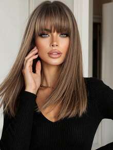 1pc Sassy Viscose Straight Wig With Bangs, 26 Inch High Density Heat Resistant Synthetic Hair, Natural Look Button Net Cap For Women, Ideal For Daily & Party Wear - Brown Ombre - View 1