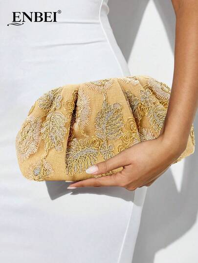  ENBEI Elegant Champagne Embroidered Evening Clutch - Large Cosmetic Bag, Vintage Floral Foil Handbag, Chic Straw Bag, Women's Clutch Purse, Perfect For Wedding Gown/Formal Dress, Suitable For Party, Dinner, Wedding, Date And Shopping. Holiday Essential, Travel Necessity, Ideal Mother's Day Gift, Sparkling Holiday Or Birthday Present.