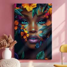 1pc Wrapped Framed Canvas Wall Art, Vintage Prints Poster, Portrait Of Woman, Flower Headdress, Flower Face, Close-up-flowers, Digital Art, Vibrant, Detailed Style, Birthday Party Decor, Decorative Wall Art for Living Room Bedroom Office, Hanging Hardware Included - Wrapped Framed Canvas, Vertical - Lienzo enmarcado - Ver 3