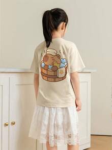 少女学生休闲印花圆领短袖T恤，夏季上衣 - 杏色 - 查看 2