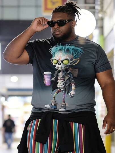 Camiseta de hombre talla grande con estampado de muñeca calavera, degradado gris oscuro a azul en la Bottom, estilo de calle personalizado de verano para hombre, estilo casual y versátil de streetwear hipster