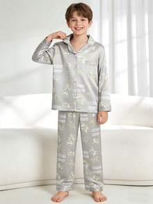 2pcs Tween Boy Gray Video Game Print Long Sleeve Pajama Set - Multicolor - View 1