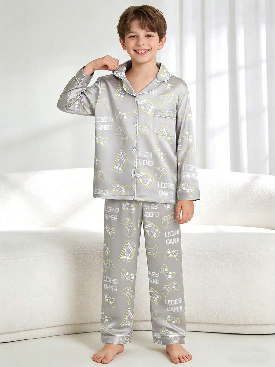 2pcs Tween Boy Gray Video Game Print Long Sleeve Pajama Set - Multicolor - View 1