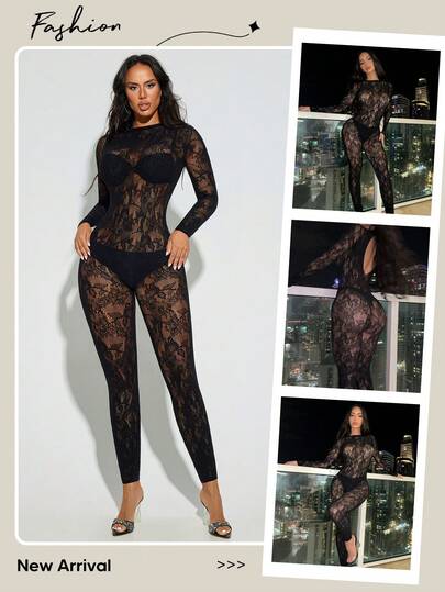 Women Long Sleeve Hollow Out High Stretch Lace Party Baddie Night Out Jumpsuit Black