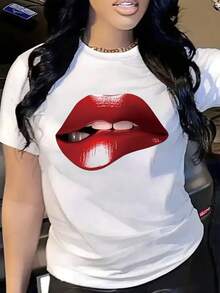 性感红唇印花女式T恤 | 时尚风格，印花女式T恤，女式上衣，宽松舒适，适合春季，大码女装，白色上衣，女式衬衫，日常穿着 - 白色 - 查看 5