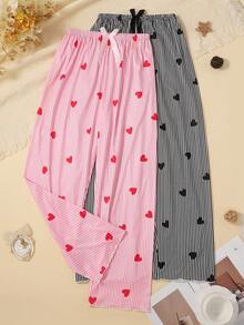 2pcs Women's Home Pants & Women's Casual Striped & Bow Print Pants & Women's Home Pants Series, Spring/Summer - Multicolor - View 1