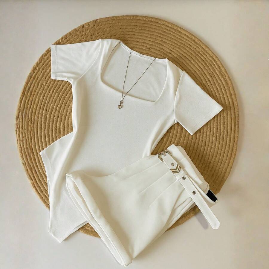 Set Of 1 White Square Neck Bodysuit + Tailored Shorts With Belt - Fashion Blogger Inspiration - 2026 - Trắng/Trắng - Xem 1