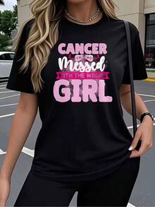 Playera Cuello Redondo para Mujer de Algodon Suave Camiseta de Manga Corta Diseño Inspirador Contra el Cancer con Letras y Cintas Rosa Estilo Moderno y Casual Ideal para Usar Diario o Eventos de C - Negro - Ver 2