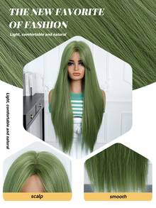 Wig Sintetis Tahan Panas Lurus Warna Hijau Alami 26 Inci Kualitas Bintang 5, Desain Belahan Tengah, Kepadatan Tinggi, Cocok untuk Pemakaian Sehari-hari, Pesta, Pernikahan, dan Festival Musik, untuk Wanita - Hijau - View 3