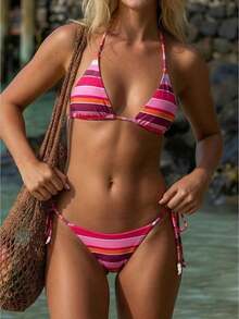 Women's Retro Stripe Print Bikini Set Sleeveless Halter Bra With Side Tie-Up Low Waist Shorts 2 Pcs Summer Swimsuit For Beach Vacation - 玫紅色 - 查看 1