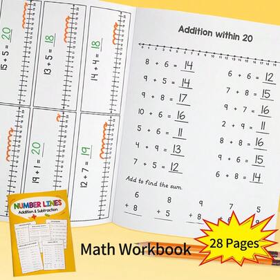 Lachilly 28 Pages Number Line Math Workbook, Addition & Subtraction Within 20 Practice For Kids, Classroom & Homeschool Teaching Aids, Kids Math Practice Materials, Teacher Must-Haves